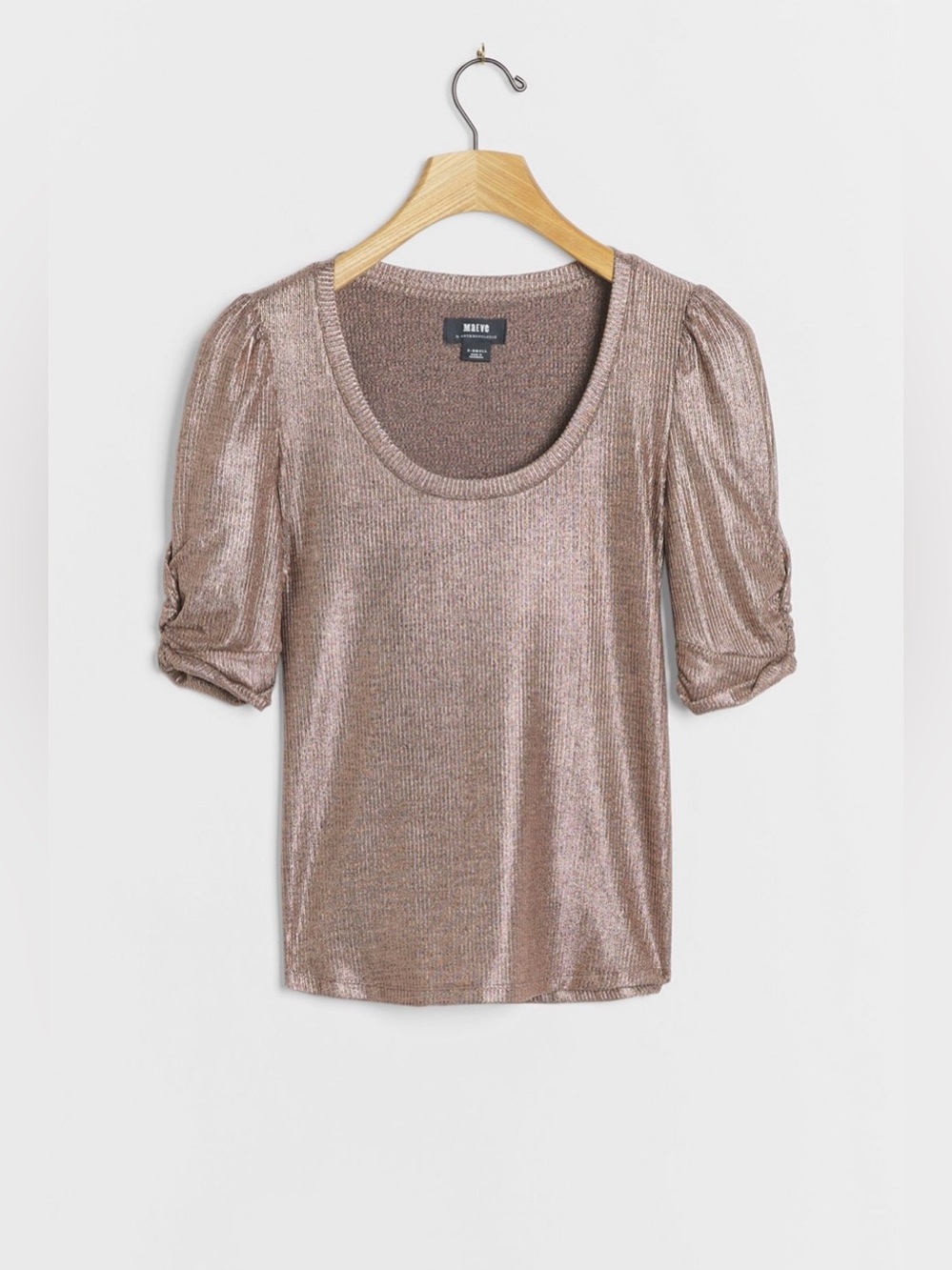 NWT Maeve Anthropologie Metallic Ribbed Scoop Neck Ruched Sleeve Top (M)